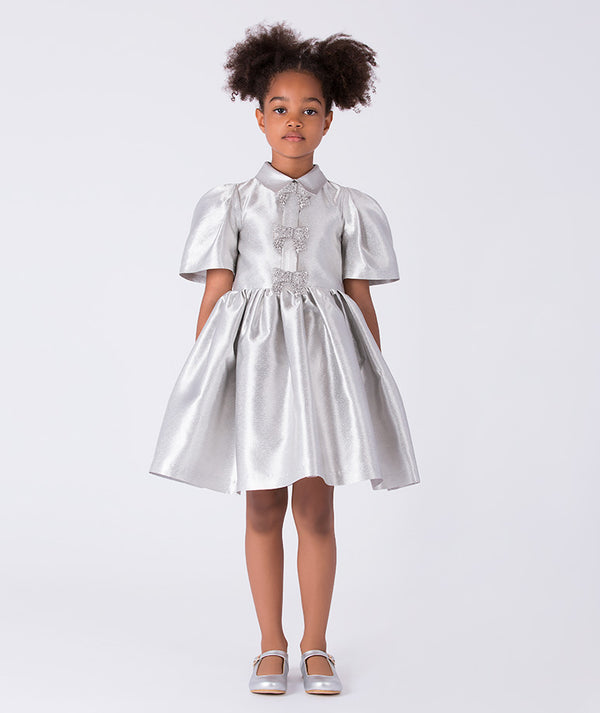 Young girl wearing a silver dress with a white background