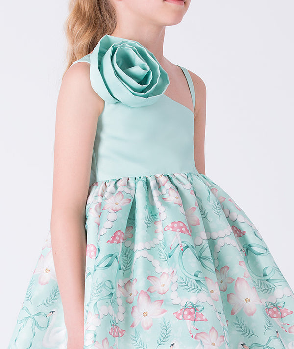 Child wearing a light blue dress with floral pattern on a white background