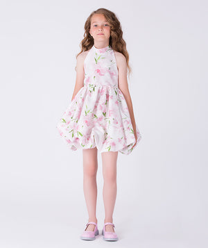 Front view of an exquisite flared floral girls dress by Mama Luma, designed for Eid, Easter, family photos, and elegant occasions for ages 3–12.