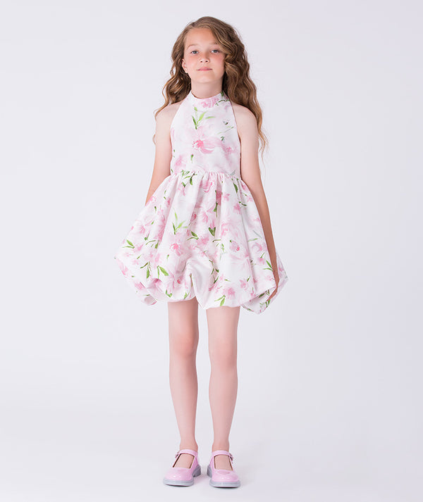 Front view of an exquisite flared floral girls dress by Mama Luma, designed for Eid, Easter, family photos, and elegant occasions for ages 3–12.