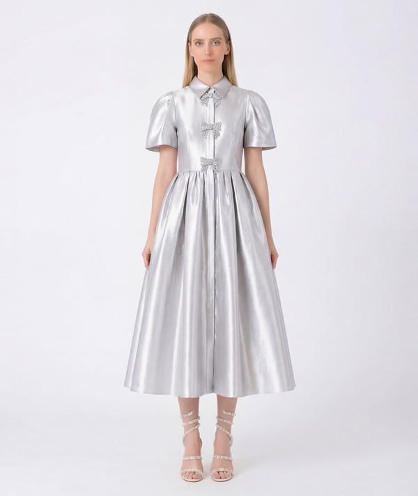 Woman wearing a silver metallic dress on a white background