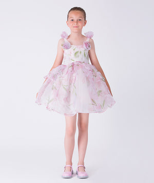 Front view of a floral chiffon girls dress by Mama Luma, designed for special occasions with airy layers and elegant movement for ages 3–12.