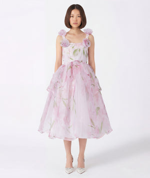 Floral chiffon women’s dress with soft floral appliqué straps and elegant silhouette