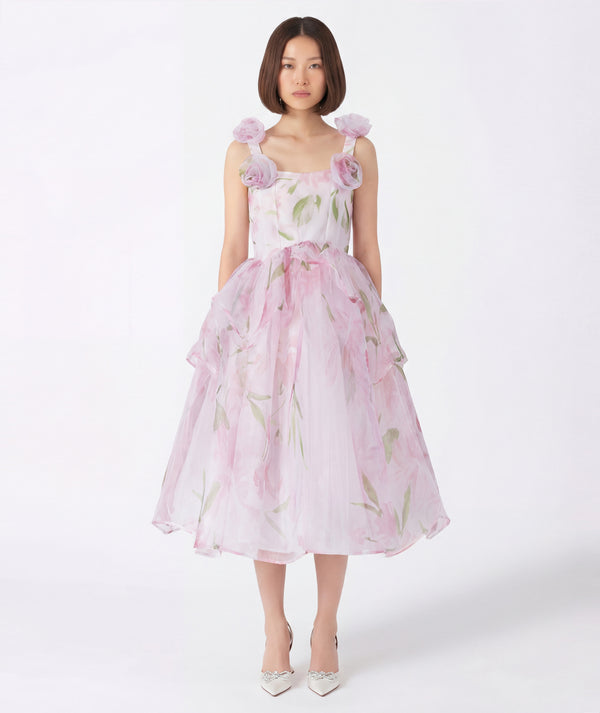 Floral chiffon women’s dress with soft floral appliqué straps and elegant silhouette