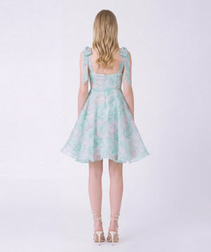 Woman wearing a light blue floral dress on a white background