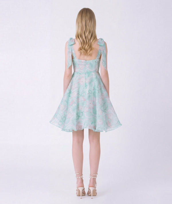 Woman wearing a light blue floral dress on a white background