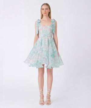 Woman wearing a light blue floral dress on a white background