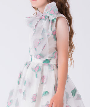 White dress with floral patterns on a white background