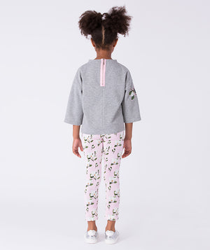 Back view of floral print girls leggings by Mama Luma, comfortable stretch leggings with all-over floral design