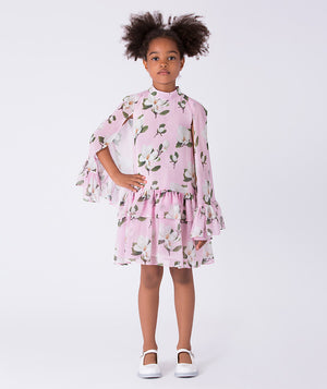 Girls floral dress by Mama Luma featuring tiered bell sleeves, a high neckline, and a softly gathered skirt, suitable for birthdays and special occasions, sizes 3–12
