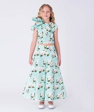 Girls two-piece floral outfit with ruffle detail top and wide-leg pants by Mama Luma