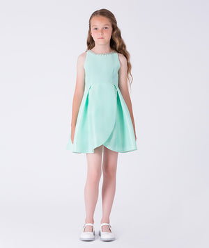 6 years old Young girl wearing a light green dress on a white background