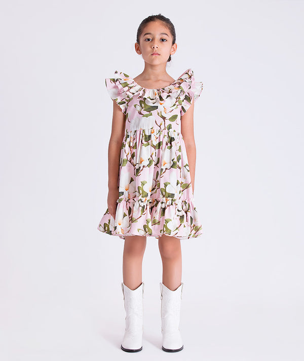 Girls floral dress by Mama Luma featuring a ruffle collar, gathered waist, and flared skirt, suitable for birthdays and special occasions, sizes 3–12