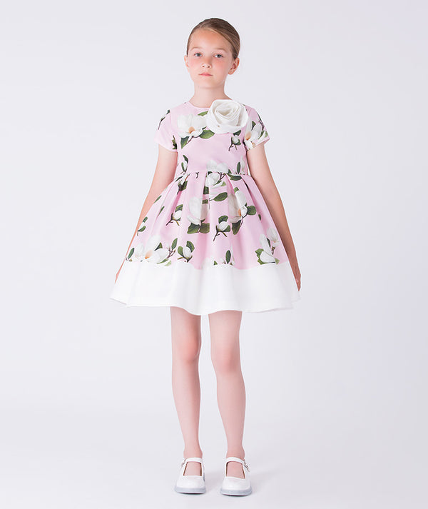 Girls floral A-line dress in soft Petal Pink by Mama Luma with a structured bodice and full skirt, perfect for birthdays, weddings, and special occasions, available in sizes 3–12