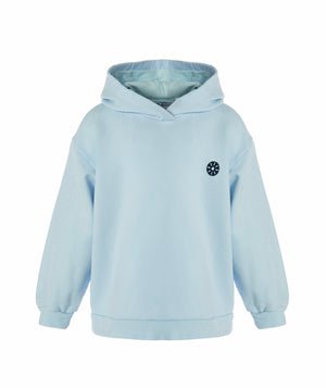 Front view of a light blue girls hoodie with a relaxed fit, attached hood, and minimalist chest emblem, designed for everyday wear, school outfits, and casual layering, available in sizes 3–14