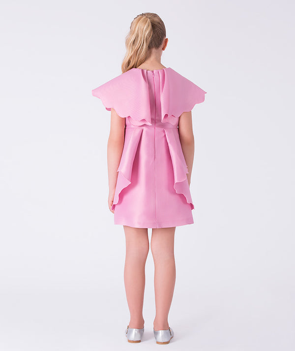Pink dress with ruffled sleeves on a white background
