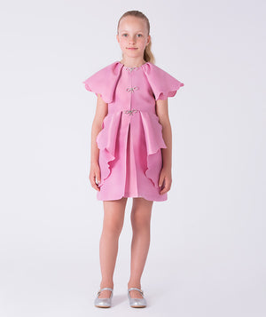 6 years old girl wearing a pink dress with ruffled sleeves on a white background