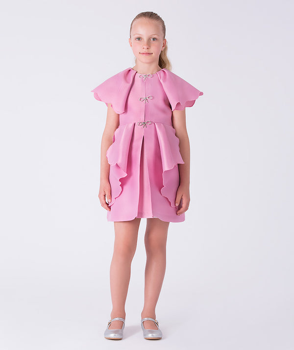 6 years old girl wearing a pink dress with ruffled sleeves on a white background