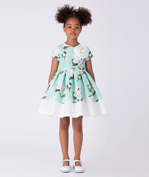 Girls floral A-line dress in mint by Mama Luma with a structured bodice and full skirt, perfect for birthdays, weddings, and special occasions, available in sizes 3–12