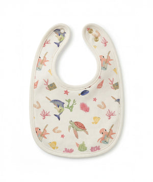 Baby bib with underwater animal pattern on a white background