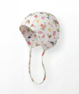 Children's sun hat with colorful sea-themed pattern on a white background