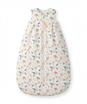 Children's sleeping bag with colorful animal pattern on a white background