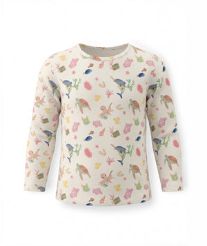 Children's long-sleeve shirt with colorful sea-themed pattern on a white background