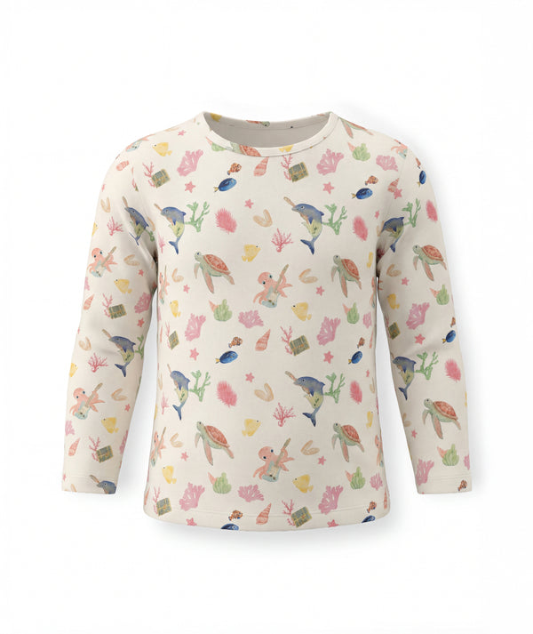 Children's long-sleeve shirt with colorful sea-themed pattern on a white background