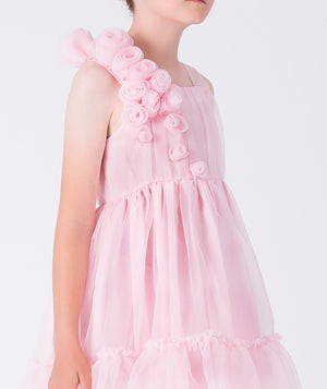 Pink dress with floral details on a white background