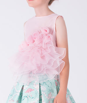 4 years old Child wearing a pink floral top with a light blue skirt featuring pink flowers on a white background