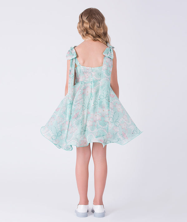 6 years old Girl wearing a light blue floral dress on a white background