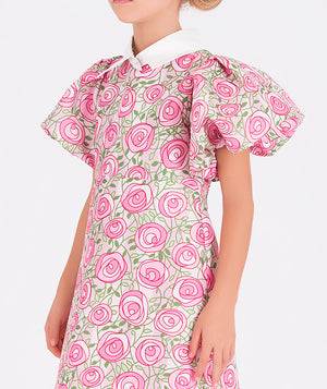 Pink Balloon Sleeves Floral Dress