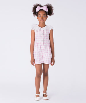 Front view of a pink checkered girls romper by Mama Luma, ideal for Eid, Easter, family photos, and elegant daytime occasions for ages 3–12.