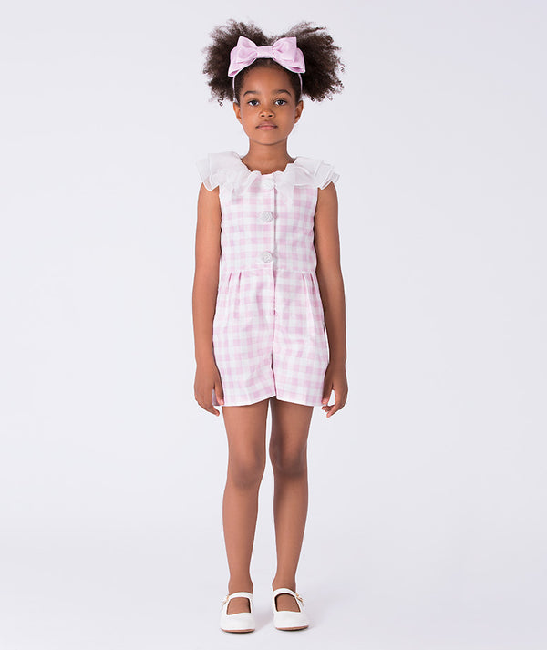 Front view of a pink checkered girls romper by Mama Luma, ideal for Eid, Easter, family photos, and elegant daytime occasions for ages 3–12.