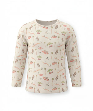 Long-sleeve shirt with nature-themed pattern on a white background