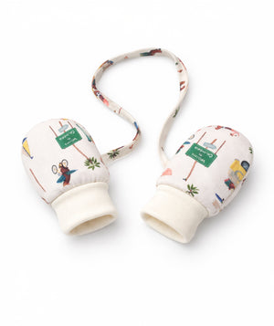 Pair of baby mittens with colorful pattern on a white background