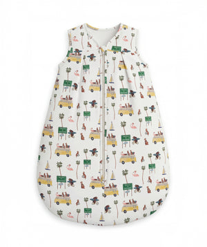 Baby sleeping bag with vehicle and nature pattern on a white background