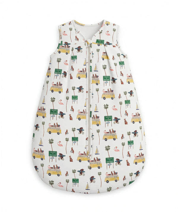 Baby sleeping bag with vehicle and nature pattern on a white background