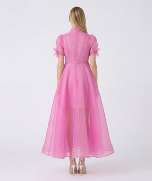 Pink dress with short sleeves and a high neckline on a white background