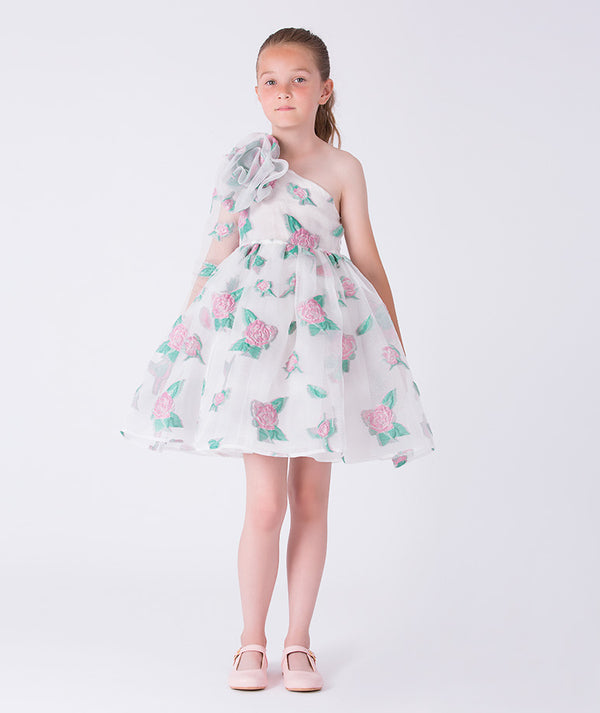 9 YEARS OLD girl wearing a floral one-shoulder dress on a white background