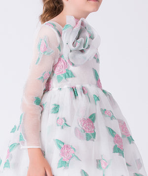 jacquard White dress with pink and green floral patterns on a white background