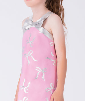 Silver Bow Jacquard Girls Dress close up image 2 years old toddler wearing