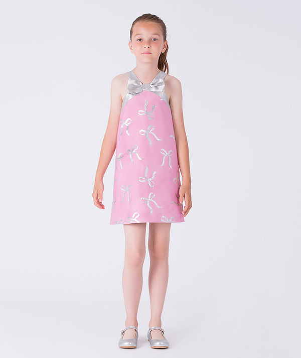 Silver Bow Jacquard Girls Dress bow prints
