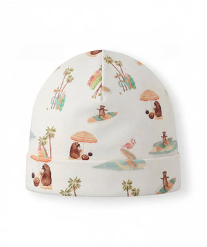 Baby hat with beach-themed pattern on a white background