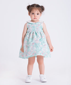 baby toddler girl wearing a light blue floral dress on a white background