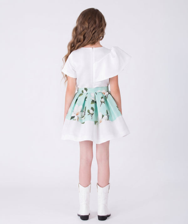 Back view of Aitana Garden Couture Girls Outfit | 2 Pieces in satin for girls ages 3 to 12, highlighting tailoring, closure and finishing