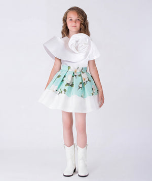 Front view of Aitana Garden Couture Girls Outfit | 2 Pieces in satin for girls ages 3 to 12, showing overall silhouette and styling