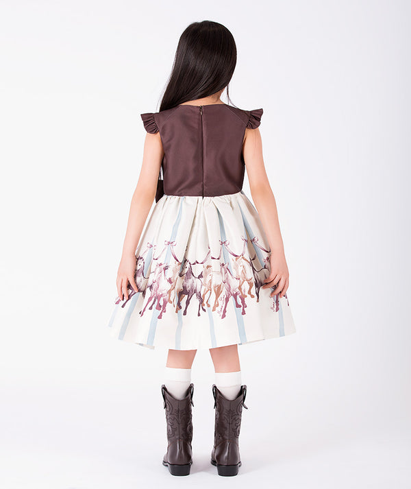 Back view of Altai Morin Girls Bow Dress with equestrian horse print for girls ages 3 to 12, a premium children’s design by Mama Luma.