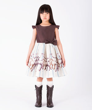 Front view of Altai Morin Girls Bow Dress with brown bodice, waist bow and equestrian horse print for girls ages 3 to 12 by Mama Luma.