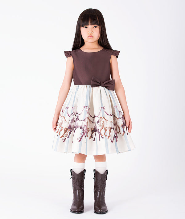 Front view of Altai Morin Girls Bow Dress with brown bodice, waist bow and equestrian horse print for girls ages 3 to 12 by Mama Luma.